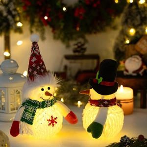 Illuminated Christmas snowman plush figurines set with LED lights and holiday decorations