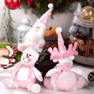 Pink sequin Christmas plush doll set featuring Santa, snowman, and reindeer festive decor