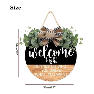 Panneau de porte Welcome rond en bois 30cm avec feuilles d'eucalyptus et nœud
