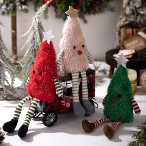 Plush Christmas tree dolls with long legs and glitter stars for holiday home decoration