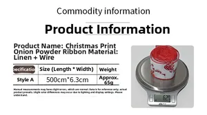 Macro detail of Christmas Santa burlap ribbon on a scale showing 62.7g weight accuracy