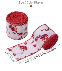 Close-up of 6.3cm Christmas ribbon with gnome patterns and white polka dots for tree decor