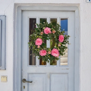 Pink camellia and eucalyptus wreath for front door hanging, decorative spring floral wreath