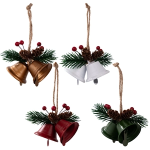 Christmas bell ornaments set with pine needles and pinecones for festive tree decoration