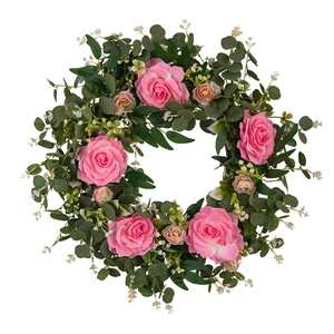 Pink camellia and eucalyptus artificial wreath for front door wall decor home ornament