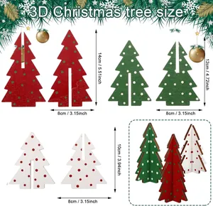 Size chart for 3D wooden Christmas tree ornaments in three heights with assembly details