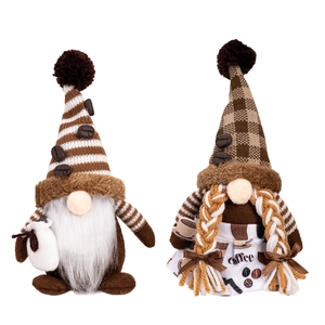 Pair of coffee-themed Christmas gnomes with striped hats and plush details for home decor