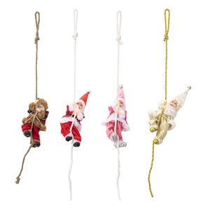 Climbing Santa Claus ornaments set of 4 in assorted festive outfits with hanging ropes