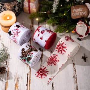 Set of four festive Christmas ribbons with Santa and snowman patterns for gift wrapping