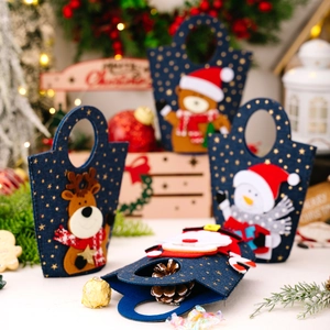 Set of 4 blue felt Christmas gift bags with elk and Santa Claus cartoon designs