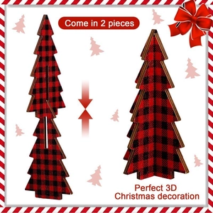 Dettaglio del montaggio a 2 pezzi dell'albero di Natale 3D in legno con plaid rosso