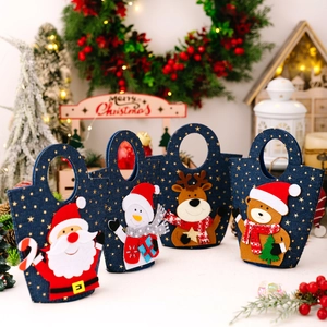 Christmas gift bag set with Santa and reindeer motifs in starry blue felt design