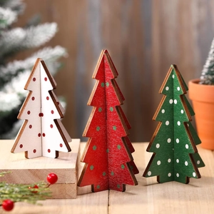 Wooden Christmas Tree Tabletop Ornaments 3D DIY Polka Dot Design Xmas Home Decor Set Wood Holiday Party Decoration