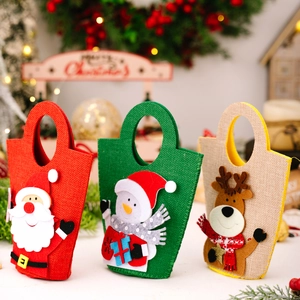 Christmas gift bags set with Santa, Snowman and Reindeer cartoon patterns in linen fabric