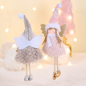 Plush pink and grey Christmas angel girl ornaments with glitter wings and lace hats