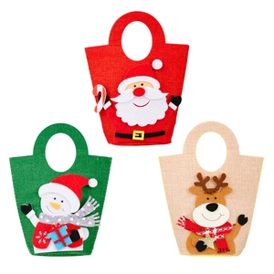 Three-piece set of cartoon Christmas felt gift bags with Santa, Snowman, and Reindeer motifs