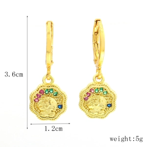 Detail view showing 18k gold tiger head earrings with colorful zircon insets and size dimensions