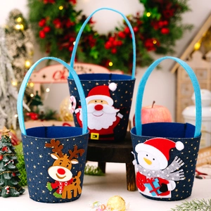 Blue Felt Christmas Gift Bag Stars Pattern Santa Snowman Reindeer Applique Holiday Party Candy Bucket Storage Bag For Kids Decor