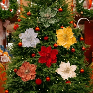 Fiori di Poinsettia di Natale in Velluto Teste di Fiori Glitterati per Albero Ghirlanda Decorazione Casa Festa Ornamento