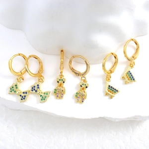 18k gold plated earring set with colorful zircon bow bear and shopping cart charms