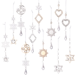 Clear acrylic snowflake and drop pendants set for Christmas tree decoration with silk ribbons