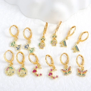Set of 18k gold plated hoop earrings with colorful zircon charms in various shapes