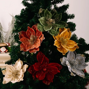 Set di 6 fiori di Natale in velluto glitterato per decorazione albero e ghirlande