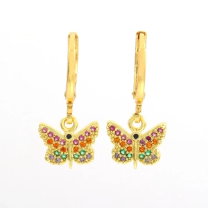 Polished 18k gold plated butterfly earrings with colorful pavé rainbow cubic zirconia