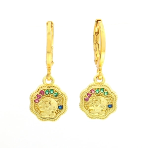 Detail of 18k gold earrings with wavy petal pendant and colorful zircon stones