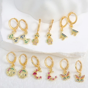 Western Style Gold Plated Copper Drop Earrings For Women Multicolor Rhinestone Butterfly Bear Moon Star Animal Jewelry