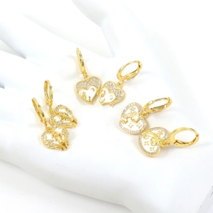 Luxury 18k gold plated heart drop earrings with Virgin Mary relief and zircon inlay