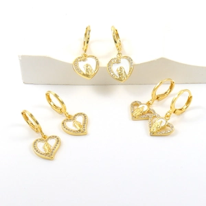 Gold plated heart drop earrings with Virgin Mary relief and sparkling zircon inlay