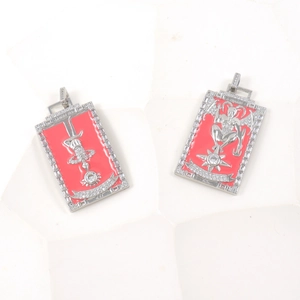 Vintage tarot card pendants with red enamel and micro-paved crystals in silver finish