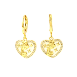 Gold-plated heart drop earrings with enamel portrait relief and shimmering crystal border