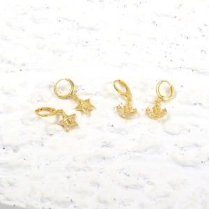 Set of four 18k gold plated hoop earrings with zircon stars, moons and religious charms