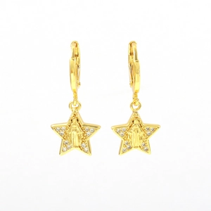 Detail of 18k gold star earrings with Virgin Mary relief and cubic zirconia stones