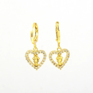 Detail of 18k gold-plated huggie earrings with zircon heart and religious relief