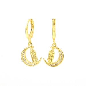 Macro detail of 18k gold plated moon earrings with micro-set zircon and religious motifs