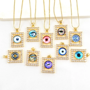 Trendy 18K Gold Plated Copper Zirconia Devil's Eye Pendant Necklace Rectangular Pave Nazar Eye Box Chain Jewelry For Women
