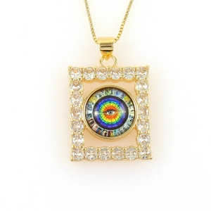Detailed close-up of rectangular evil eye pendant with rainbow center and gold box chain