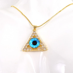 Vergulde driehoekige ketting met micro-zirkonia en blauwe boze oog hanger decor
