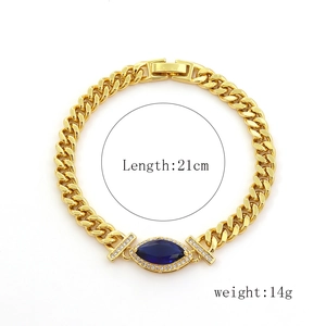Detail eines 21 cm Gold-Cuban-Armbands mit blauem Marquise-Stein und Zirkonia-Inlay