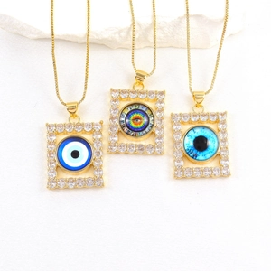 Three 18k gold plated evil eye square pendants with pavé zircon crystals on gold chains