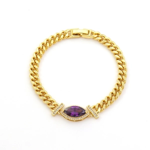 Elegantes vergoldetes Panzerkettenarmband mit lila Marquise-Stein und Zirkonia-Dekor