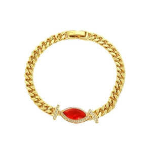 Goldenes Gliederkette-Armband mit marquise-geschliffenem rotem Stein und Diamanten