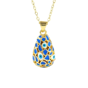 Collier avec pendentif goutte en or 18 carats et motifs émaillés œil bleu