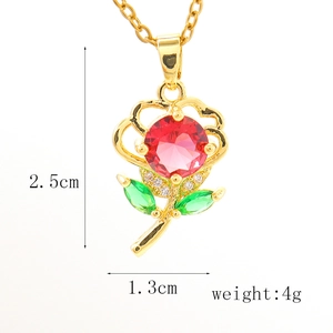 Detail of rose pendant necklace with red crystal and green leaves including size measurements