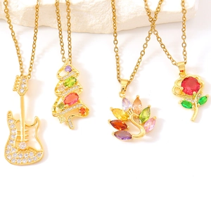 Gold necklaces featuring colorful zircon guitar, peacock, and rose pendants