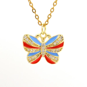 Elegant gold butterfly pendant necklace with red blue enamel and sparkling zircons