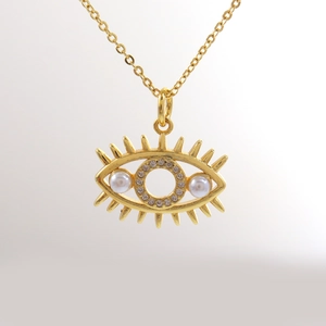 18k vergulde evil eye hanger ketting met pavé zirkonia en witte parel accenten